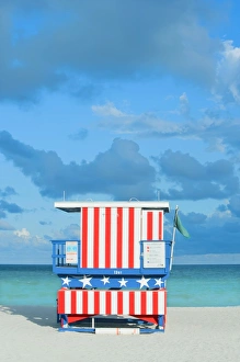 Lifeguard hut on beach, South Beach, Miami, Florida, United States of America