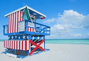 Lifeguard hut on beach, South Beach, Miami, Florida, United States of America