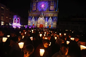 Flood Lit Prints: Light festival procession in Lyon, Rhone, France, Europe