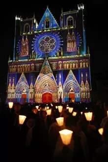 Light festival procession in front of St. Johns Cathedral, Lyon, Rhone, France, Europe