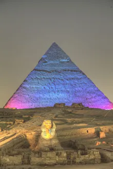 Nighttime Prints: Light Show, Sphinx, Khafre Pyramid in the background, Great Pyramids of Giza