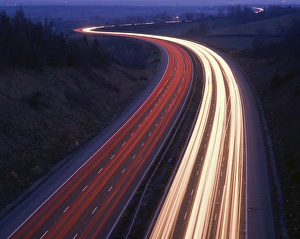Motorways Prints: Light trails on a road at night in Surrey, England, United Kingdom, Europe