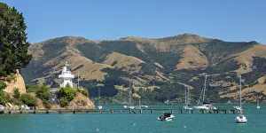 Lighthouse in the Bay of Akaroa, Banks Peninsula, Canterbury, South Island, New Zealand