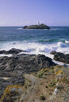 Outcropping Prints: Lighthouse, Godrevy Point, St Ives Bay, Cornwall, England, UK
