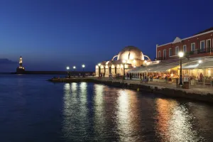 Chania Prints: Lighthouse at Venetian port and Turkish Mosque Hassan Pascha at night