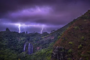 Kauai Prints: Lightning flashes behind Opekaa Falls, Kauai, Hawaii, United States of America, Pacific