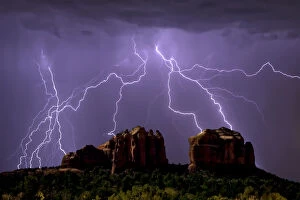 Sedona Gallery: Lightning storm striking Cathedral Rock in Sedona viewed from the Little Horse Trail