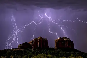 Electricity Prints: Lightning storm striking Cathedral Rock in Sedona viewed from the Little Horse Trail