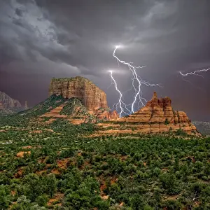 Glowing Prints: Lightning striking in between Courthouse Butte and Bell Rock near Sedona, Arizona