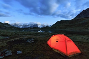 Tent Prints: Lights of a tent around Fenetre Lakes at dusk