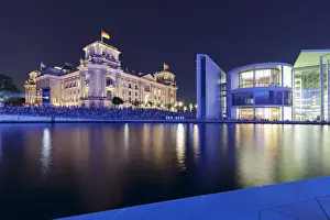 Parliament Building Prints: Lightshow about German history, Reichstag Parliament Building and Paul Loebe Haus Building