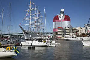 Gothenburg Prints: Lilla Bommen harbour with the Barken Viking ship and the Goteborgs-Utkiken building