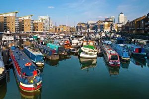 Limehouse Basin and Canary Wharf beyond, London, England, United Kingdom, Europe