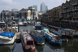 Docklands Prints: Limehouse Basin with view of Canary Wharf, Docklands, London, England, United Kingdom