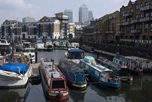 Limehouse Basin with view of Canary Wharf, Docklands, London, England, United Kingdom