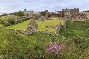 Lindisfarne Priory, early Christian site, and village, elevated view, Holy Island