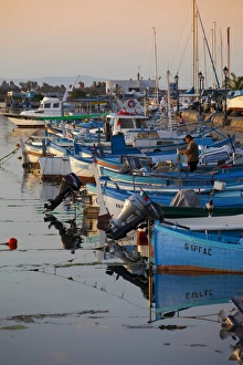 Black Sea Prints: Line of fishing boats at dusk in the harbour, Sozopol, Black Sea, Bulgaria, Europe