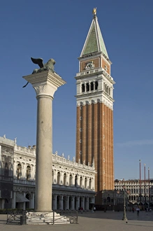 Piazza San Marco Prints: The Lion Column and the Campanile, St. Marks Square, Venice, UNESCO World Heritage Site