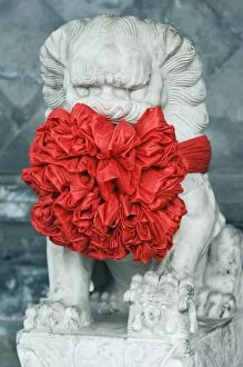 Images Dated 2nd November 2007: A lion statue decorated in red ribbon, Beijing, China, Asia