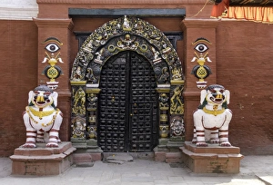 Artefact Prints: Lion statues outside a gate at the Taleju Temple, Durbar Square, Kathmandu, Nepal, Asia