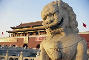 Peking Prints: Lion and Tienanmen Gate in the city of Beijing, China