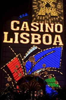 Macau Prints: Lisboa Casino neon illuminated at night, Macau, China, Asia