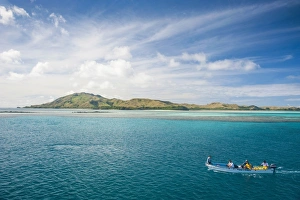 Yasawas Prints: Little boat in the blue lagoon, Yasawas, Fiji, South Pacific, Pacific