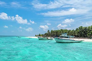 Little boats before a palm fringed white sand beach, Agatti Island, Lakshadweep archipelago, Union territory of India, Indian Ocean, Asia