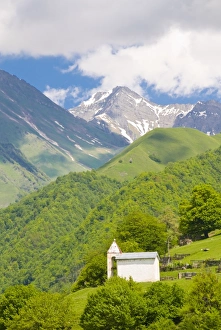 Little Chapel Prints: Little chapel before the high mountains of the High Caucasus, Georgia, Caucasus