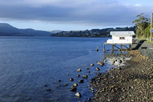 Otago Prints: Little fishing cottage on a rocky beach