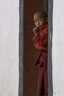 One Boy Only Prints: Little monk curiously looking around the corner in the Gangte Goempa, Bhutan, Asia