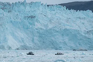 Outdoor Activities Prints: Little ship floating between the ice below the Eqi glacier