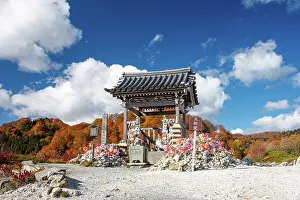 Little shrine in a volcanic landscape and autumnal colors, Osorezan Bodaiji Temple, Mutsu, Aomori prefecture, Honshu, Japan, Asia