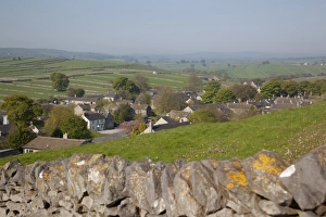Drystone Wall Prints: Litton Village and dry stone wall, Derbyshire, England, United Kingdom, Europe