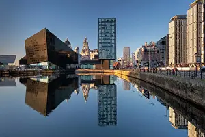 Liverpool Prints: Liverpool Waterfront and the Liver Building reflected in Canning Dock
