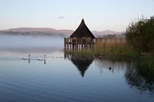 Ethereal Gallery: Llangorse Lake and Crannog Island in morning mist, Llangorse, Brecon Beacons National Park