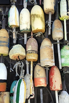 Lobster buoys, Cape Cod National Seashore, Orleans, Cape Cod, Massachusetts, New England, United States of America, North America