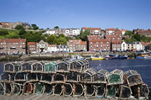 Lobster pots at Endeavour Wharf in Whitby, North Yorkshire, Yorkshire, England, United Kingdom, Europe