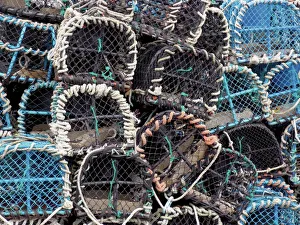 Fishing Prints: Lobster pots in the fishing harbour at Loguivy, Cote de Granit Rose, Cotes d Armor