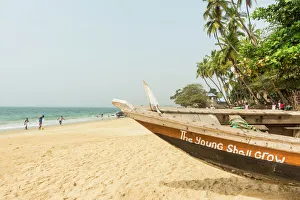Text Prints: Local fishing boats on Bukeh Beach, Sierra Leone, West Africa, Africa