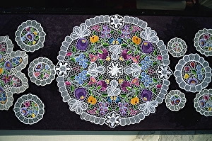Embroidery Prints: Detail of local lacework, Szentendre, Hungary, Europe