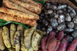 Stalls Prints: Local market offers various types of roots and snacks in Siem Reap