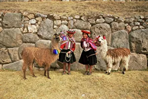 Indigenous Prints: Local women and llamas in front of Inca ruins