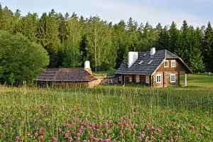 Cabin Prints: Log house, Miskiniskes rural accommodations, Aukstaitija National Park, Lithuania, Europe
