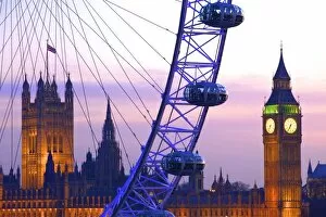 Millennium Wheel Collection: London Eye and Houses of Parliament at dusk, London, England, United Kingdom, Europe