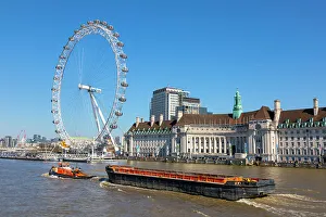 Ferris Wheel Prints: London Eye, tug boat and barge, River Thames, London, England, United Kingdom, Europe