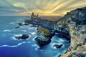Rugged Terrain Prints: The Londrangar cliffs in the Snaefellsnes Peninsula at sunset, Iceland, Polar Regions