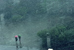 Images Dated 24th January 2008: Two lone figures with umbrellas caught in rain storm, Dublin, Republic of Ireland, Europe