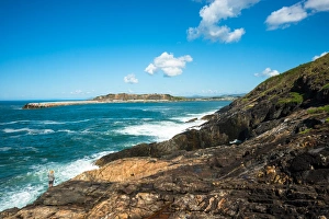Fisherman Prints: A lone fisherman sea fishing on Muttonbird Island, Coffs Harbour, New South Wales