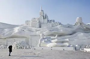 Celebrating Prints: A lone person photographing a giant sculpture at Snow and Ice Sculpture Festival on Sun Island Park